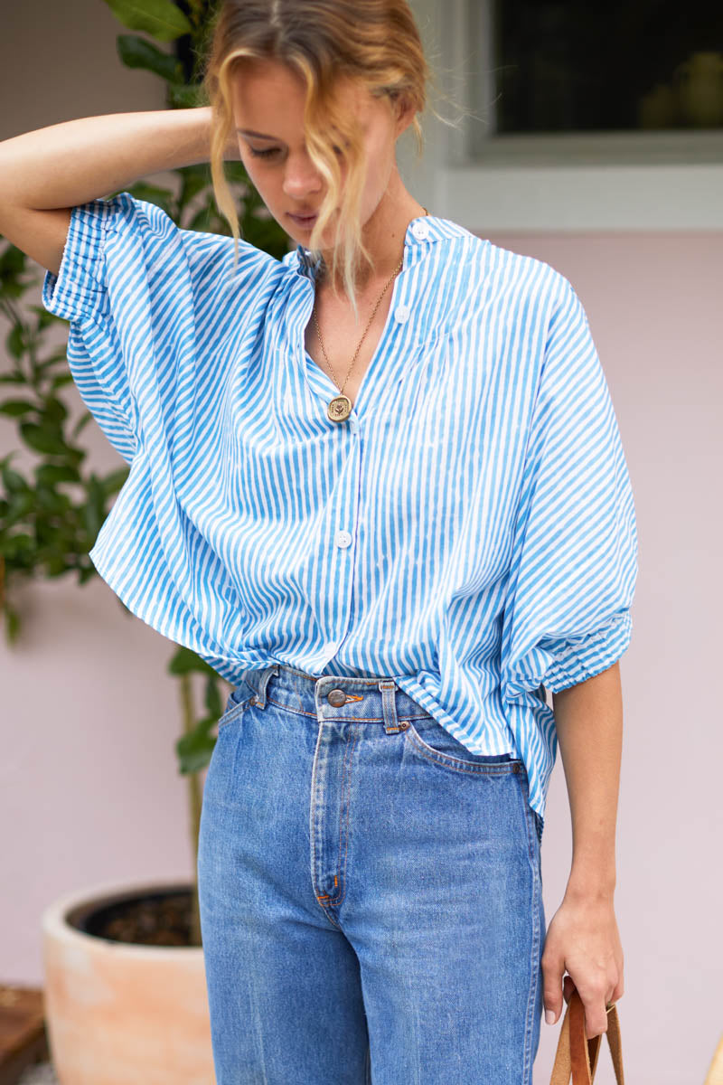 Mandarin Collar Top - Sunday Stripe Bluesy Organic