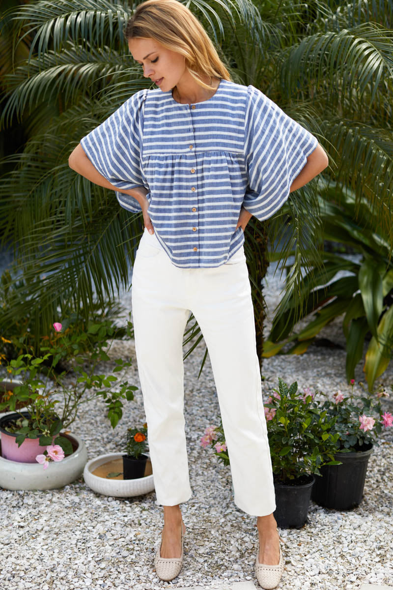 Marion Button Blouse - Blue + Ivory Sailor Stripe