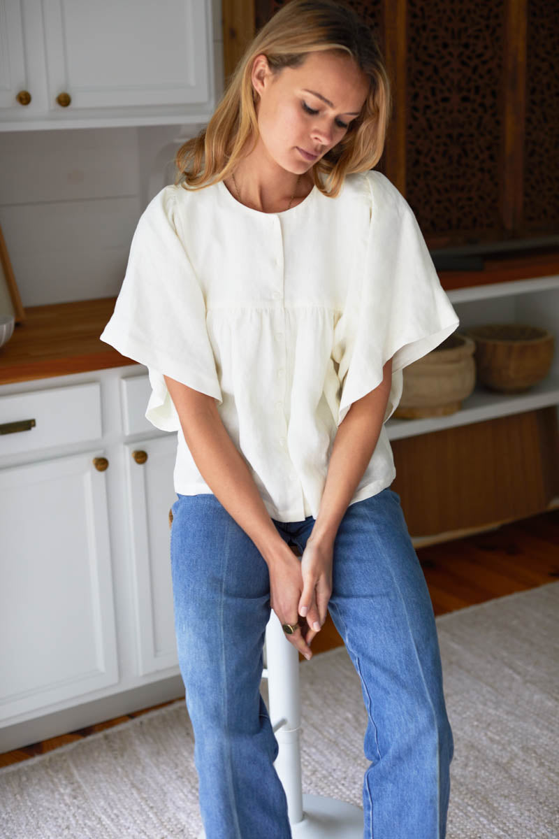 Marion Button Blouse - Salt Linen
