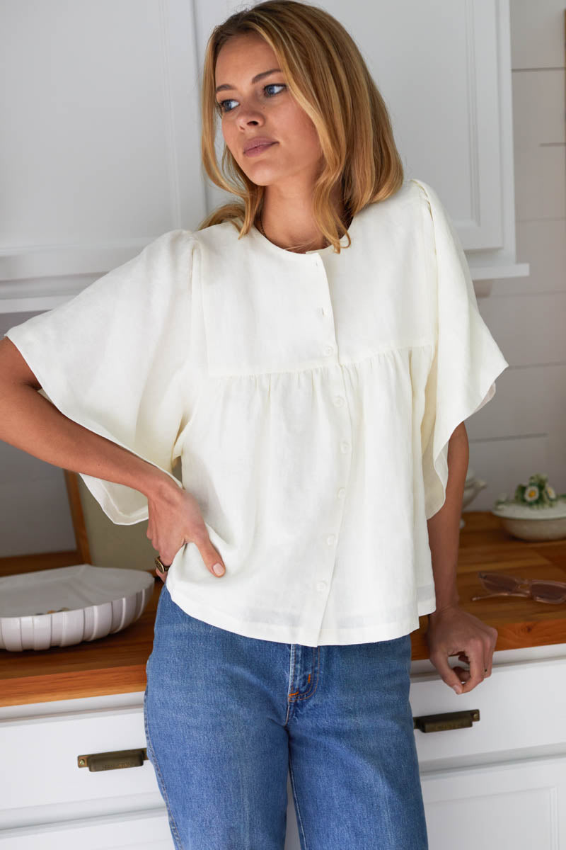 Marion Button Blouse - Salt Linen