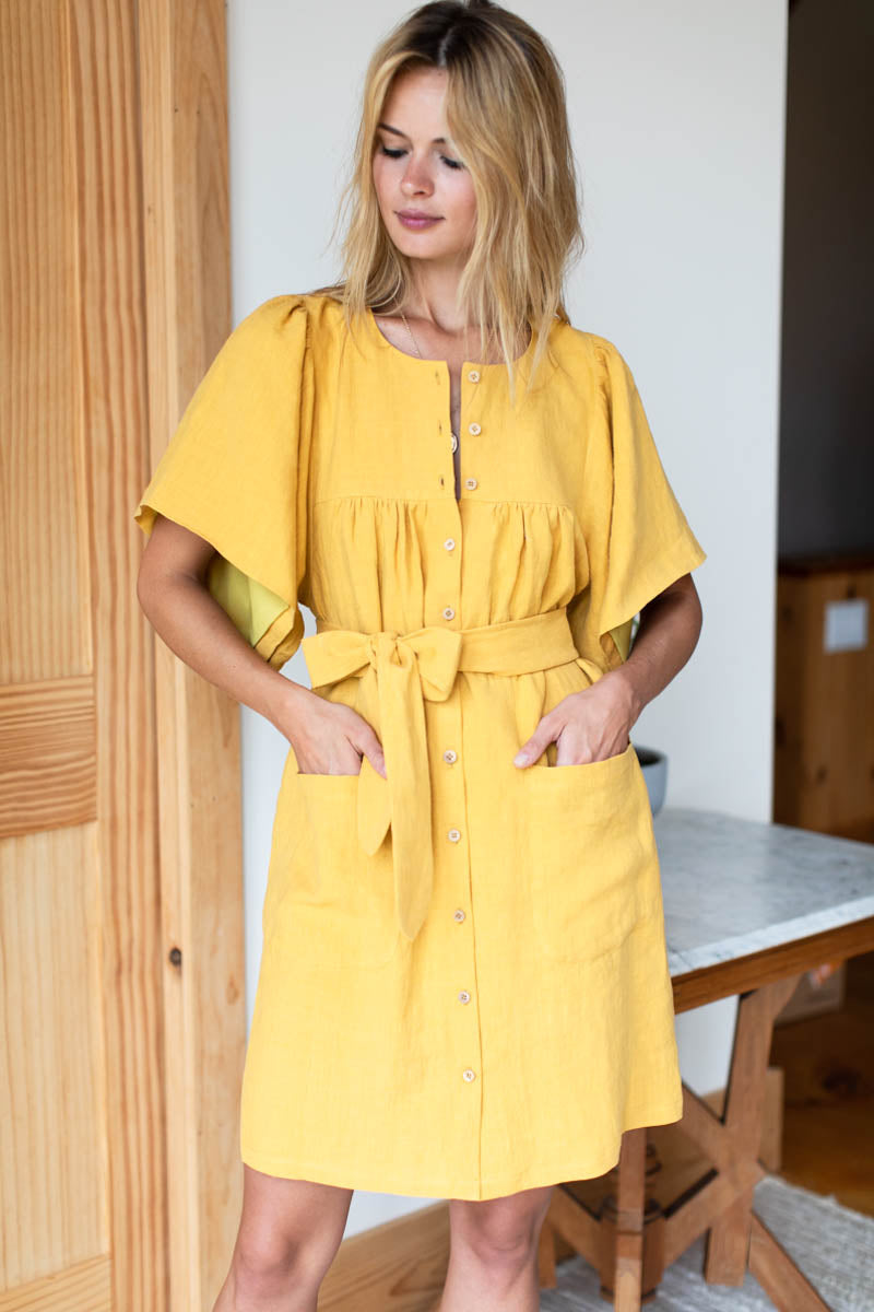 Marion Button Dress - Honey Linen