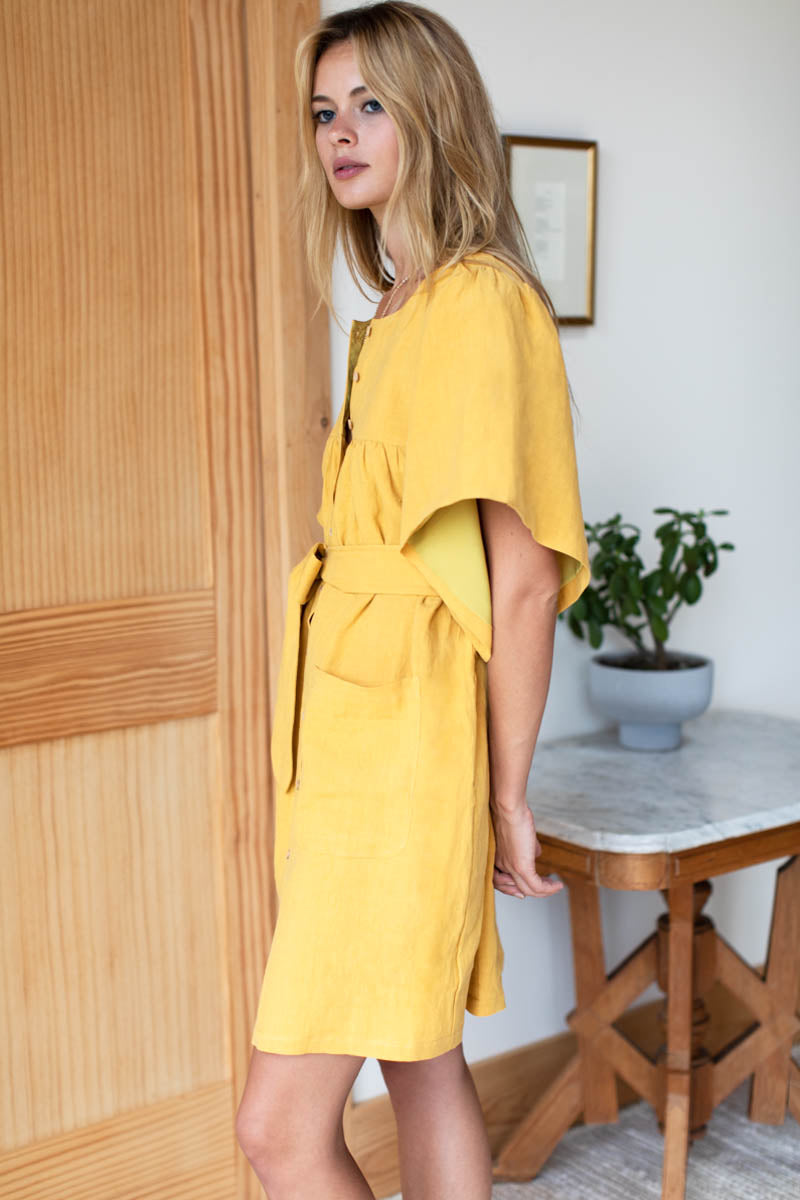 Marion Button Dress - Honey Linen