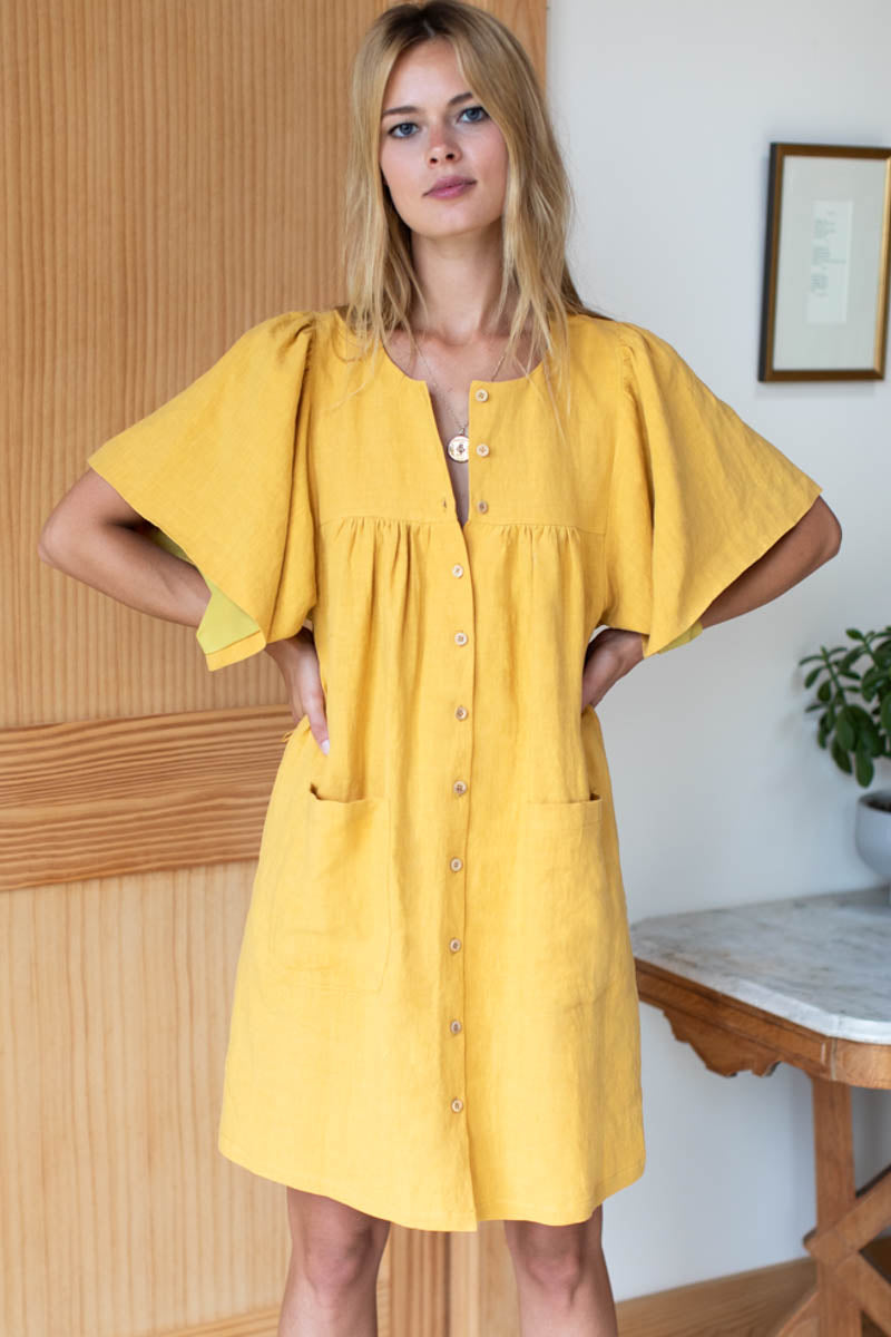 Marion Button Dress - Honey Linen