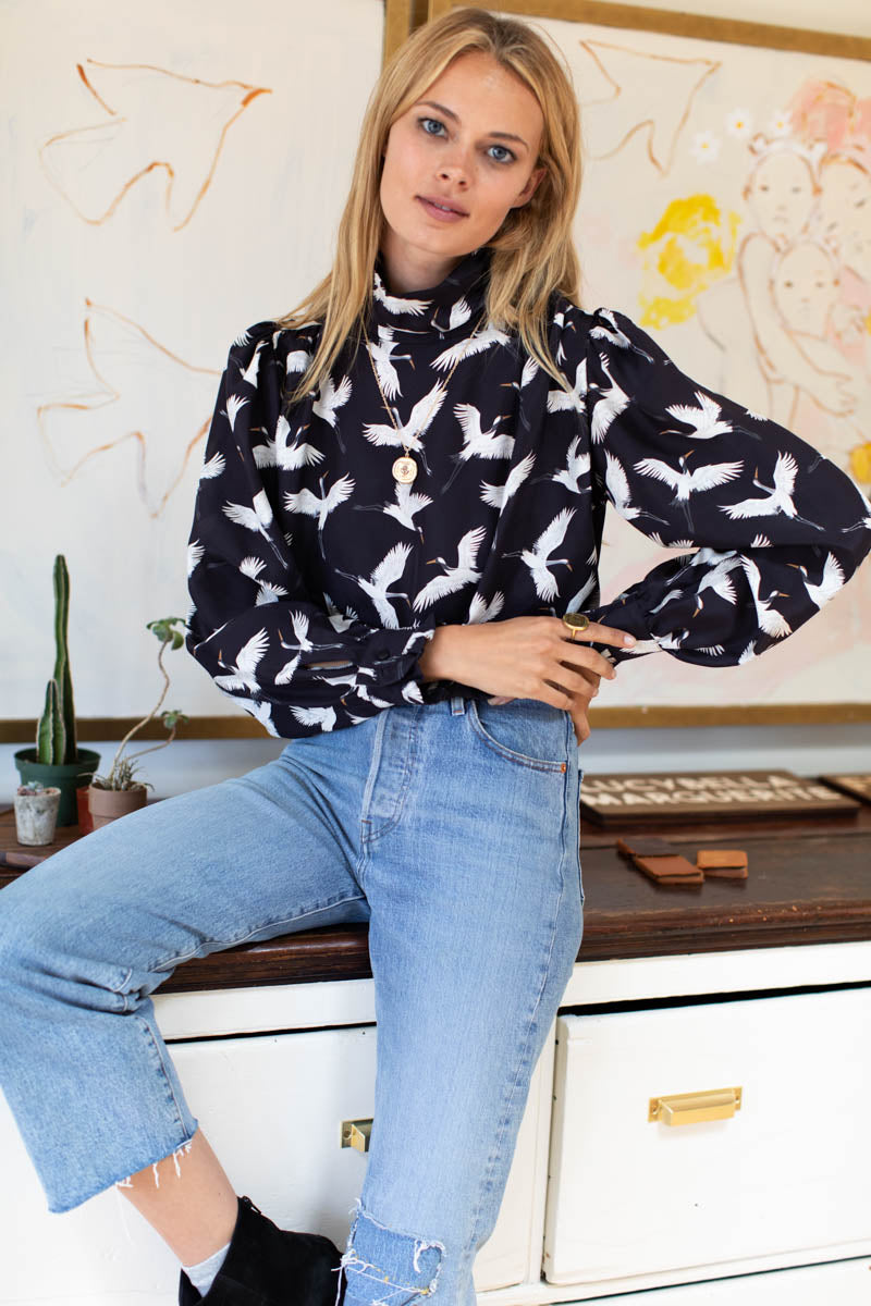 Frederique Blouse - Black Silk Crane