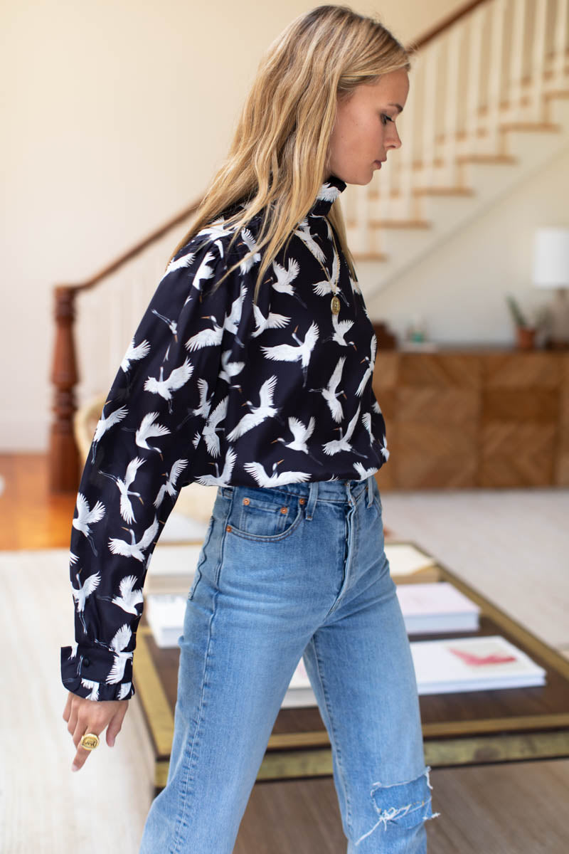 Frederique Blouse - Black Silk Crane