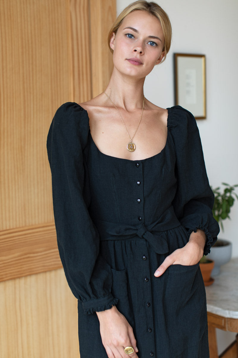 Hazel Dress - Black Linen