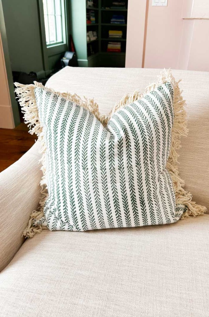 Handblock Pillow Cover - Green Climbing Vines Linen