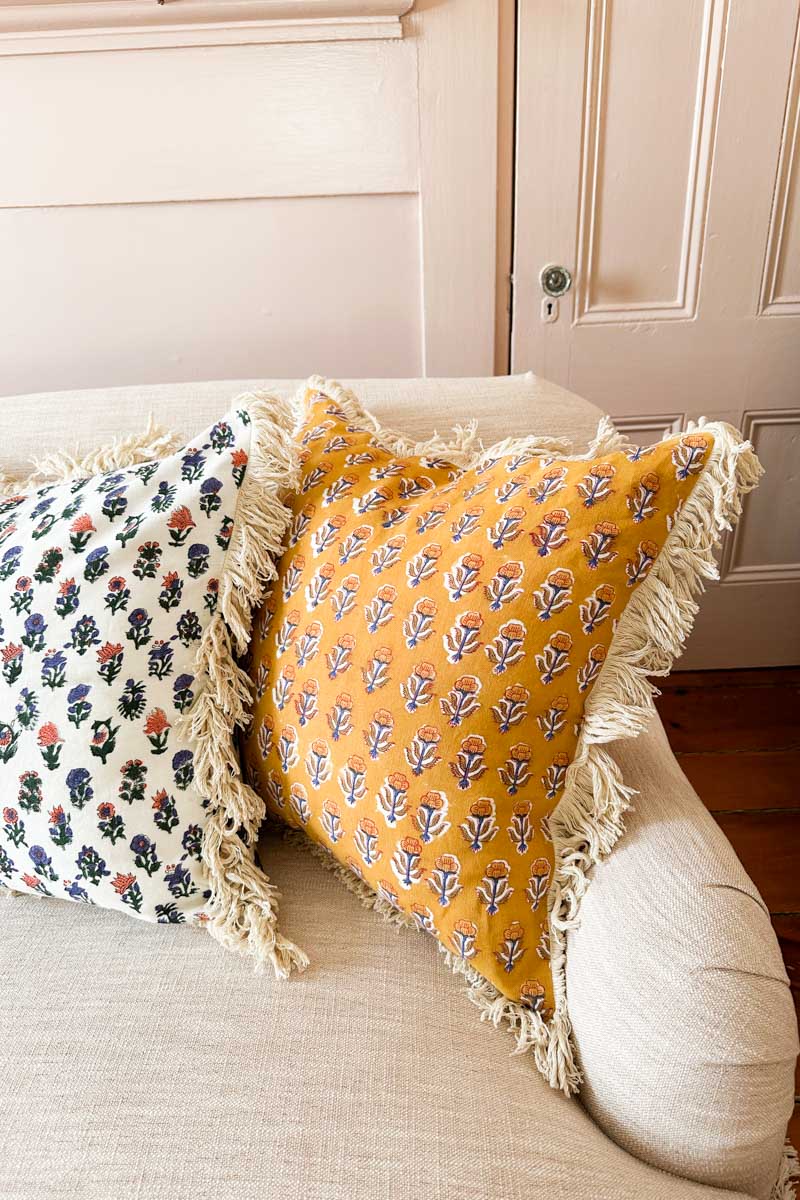 Handblock Pillow Cover - French Marigolds Saffron Linen