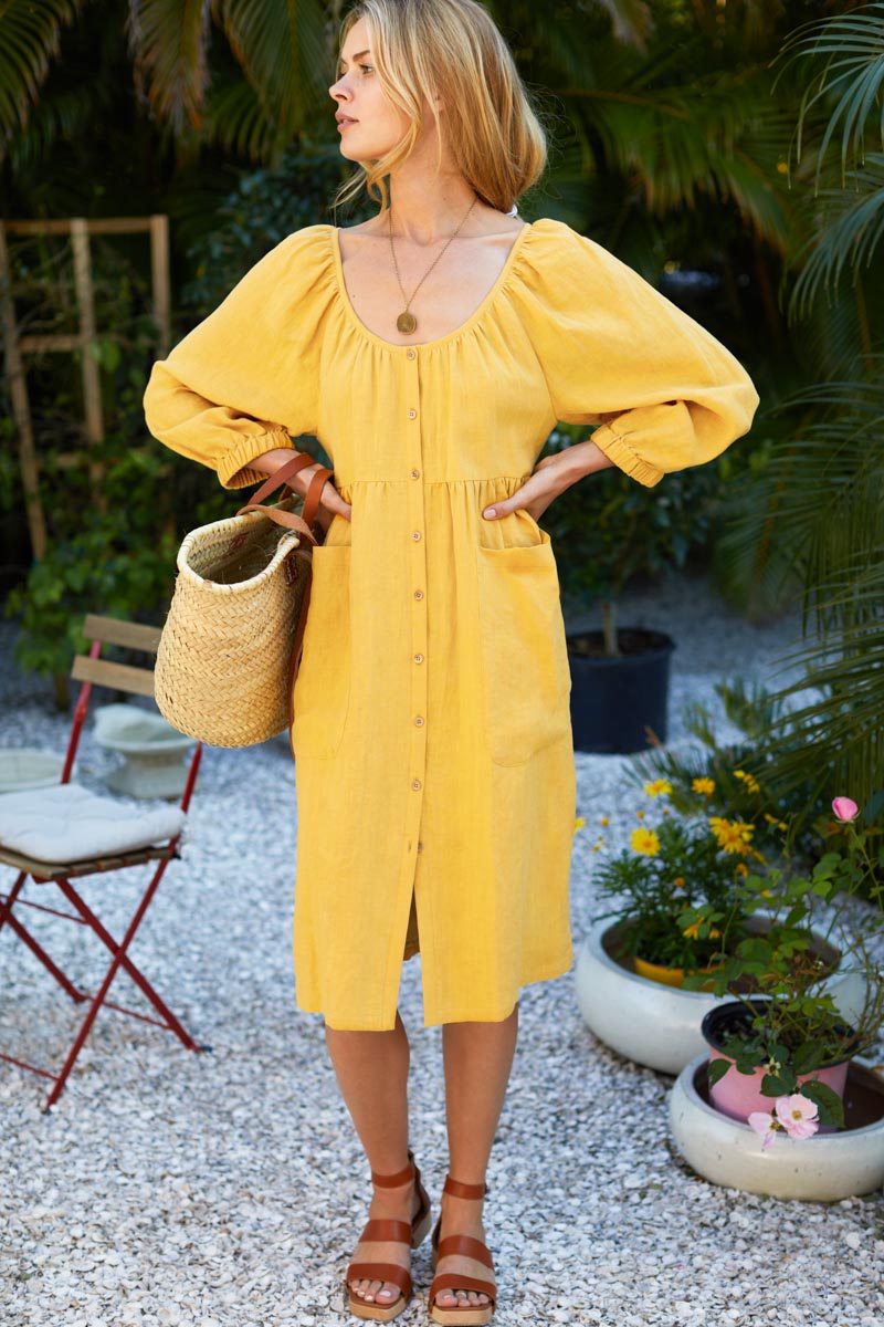 Jasmine Button Midi Dress - Honey Linen