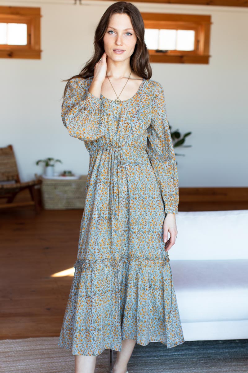 Lucy Long Sleeve Dress - Friendship Flowers Blue Organic