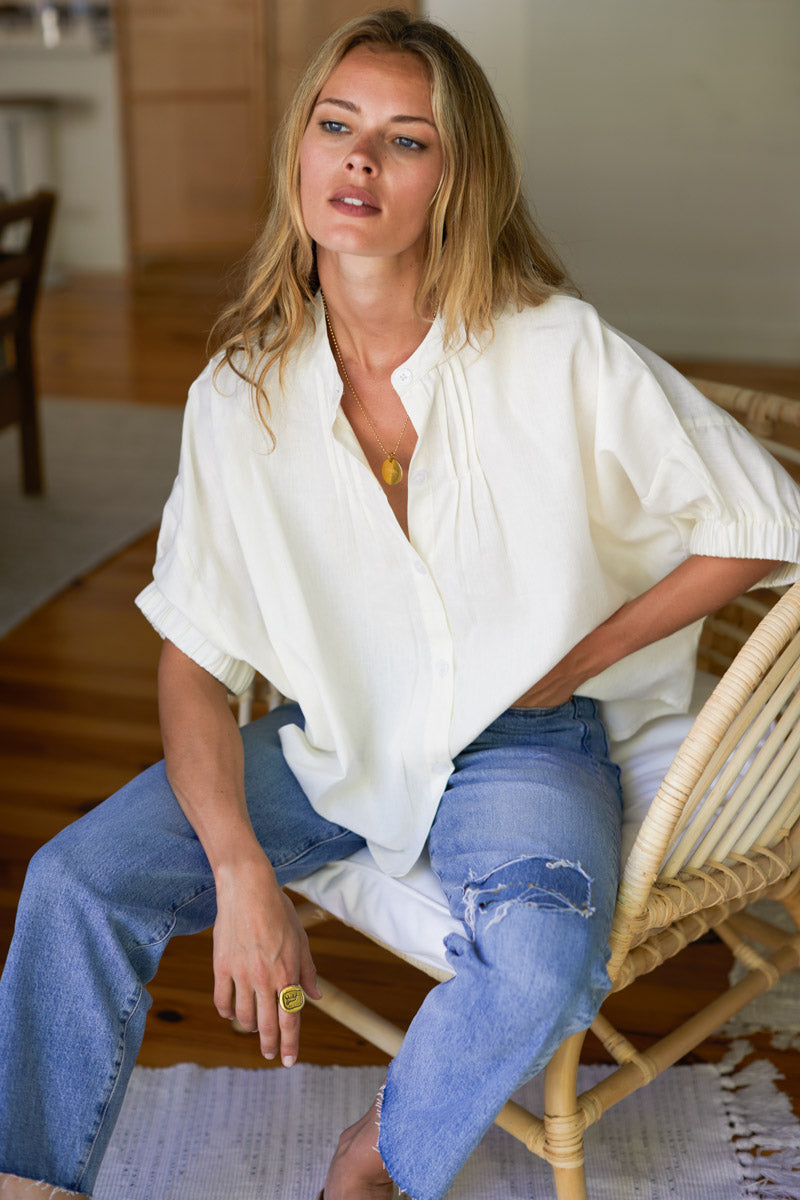 Mandarin Collar Top - Ivory Organic