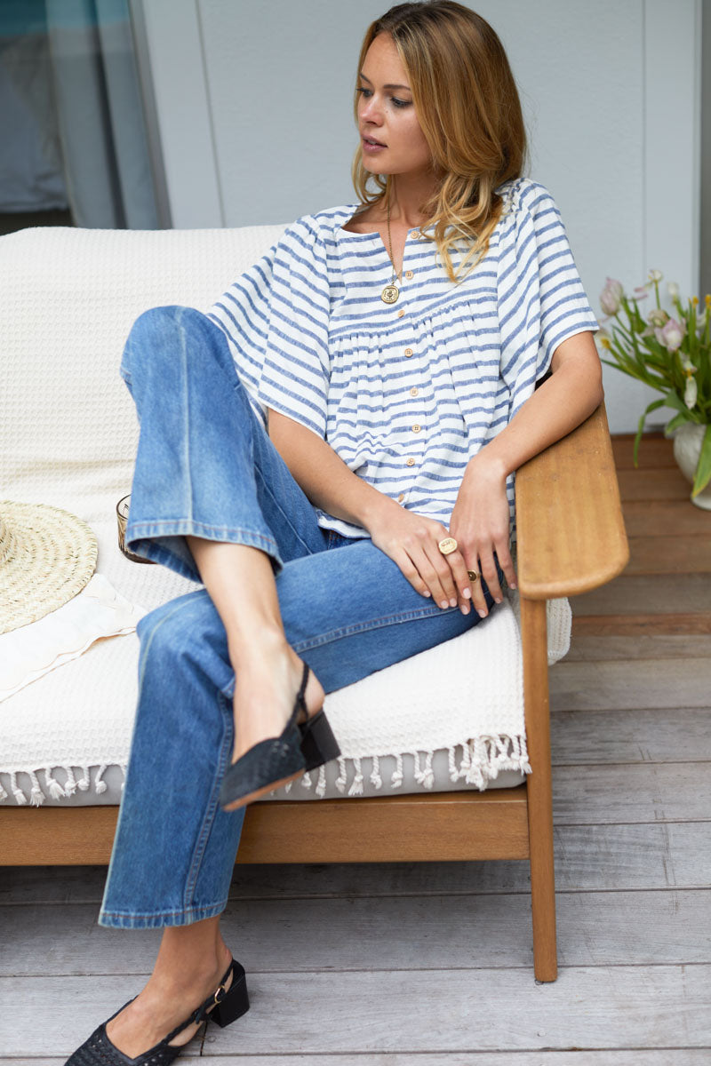 Marion Button Blouse - White + Blue Stripe
