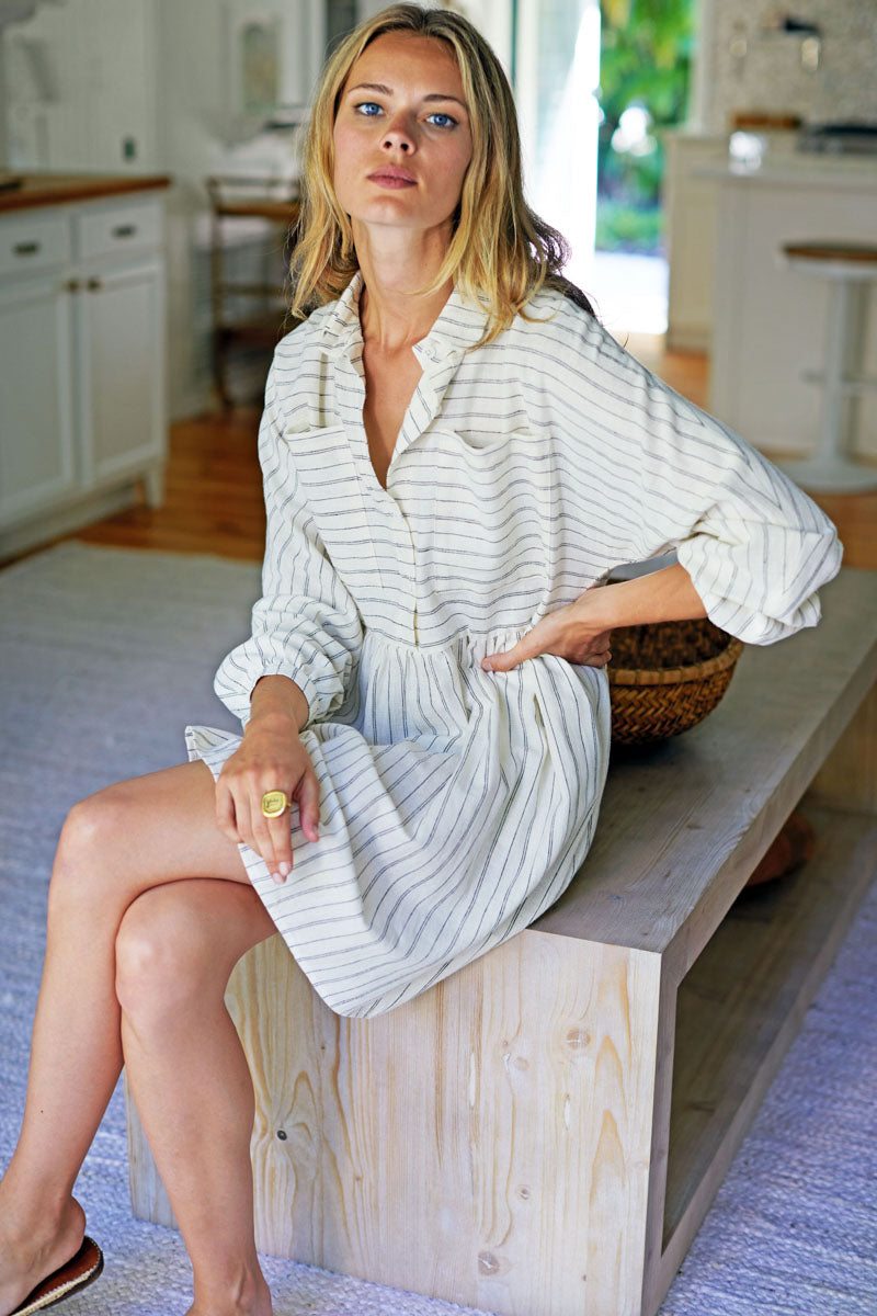Selma Long Sleeve Dress - Ivory Hemp Stripe Organic