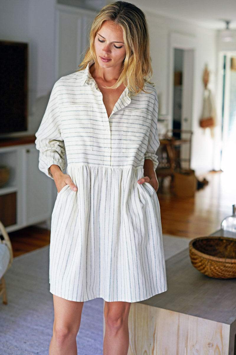 Selma Long Sleeve Dress - Ivory Hemp Stripe Organic