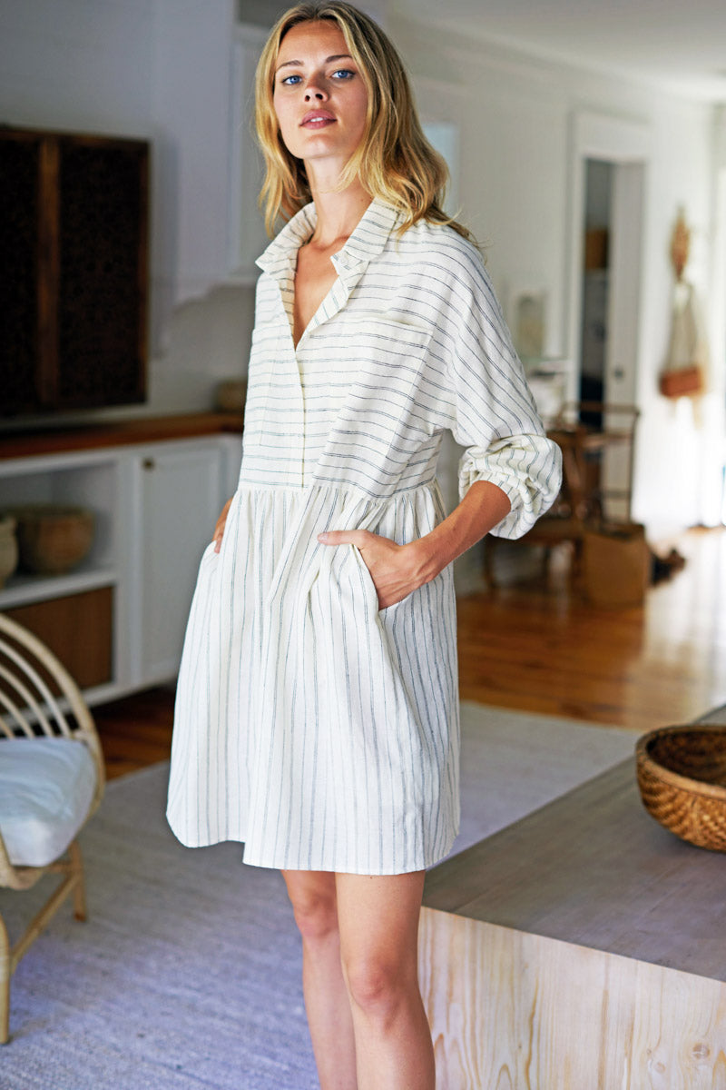 Selma Long Sleeve Dress - Ivory Hemp Stripe Organic