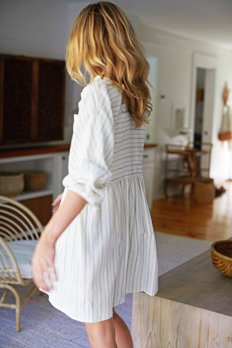 Selma Long Sleeve Dress - Ivory Hemp Stripe Organic