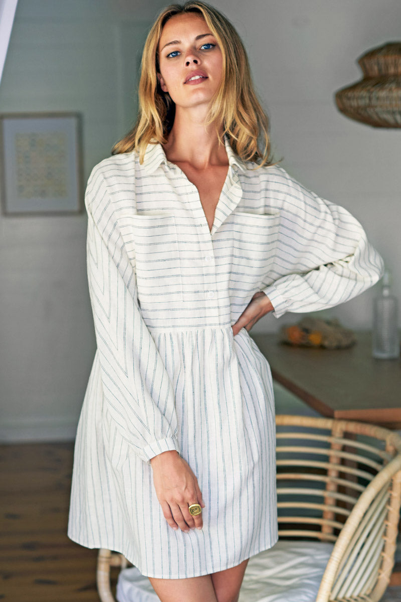 Selma Long Sleeve Dress - Ivory Hemp Stripe Organic