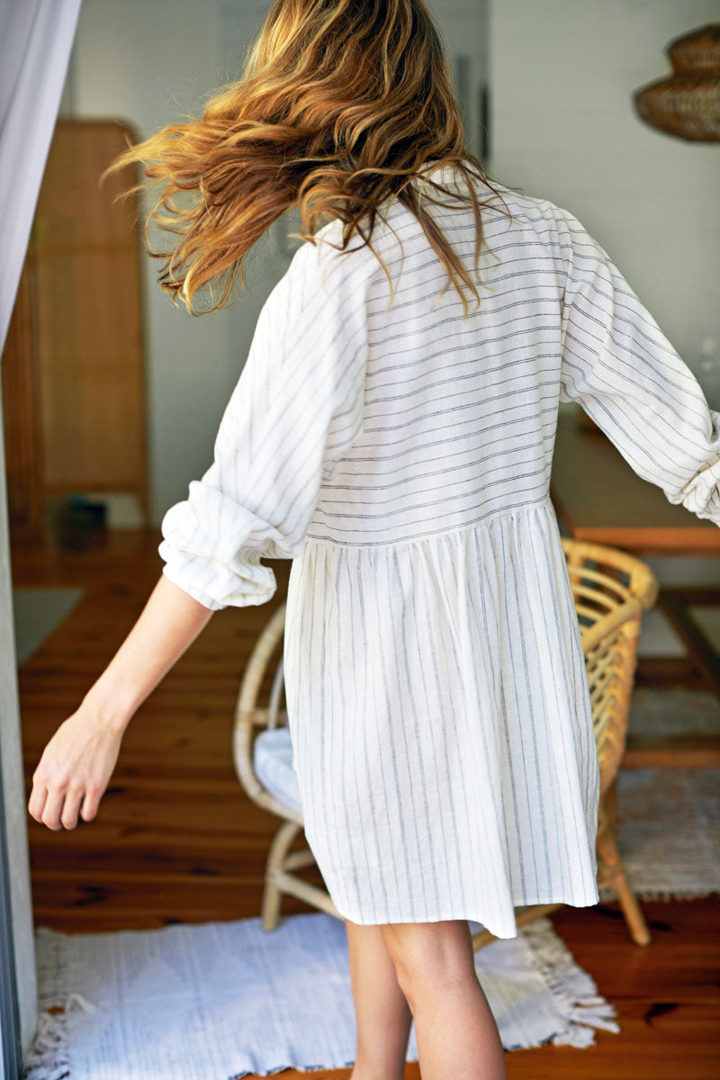 Selma Long Sleeve Dress - Ivory Hemp Stripe Organic