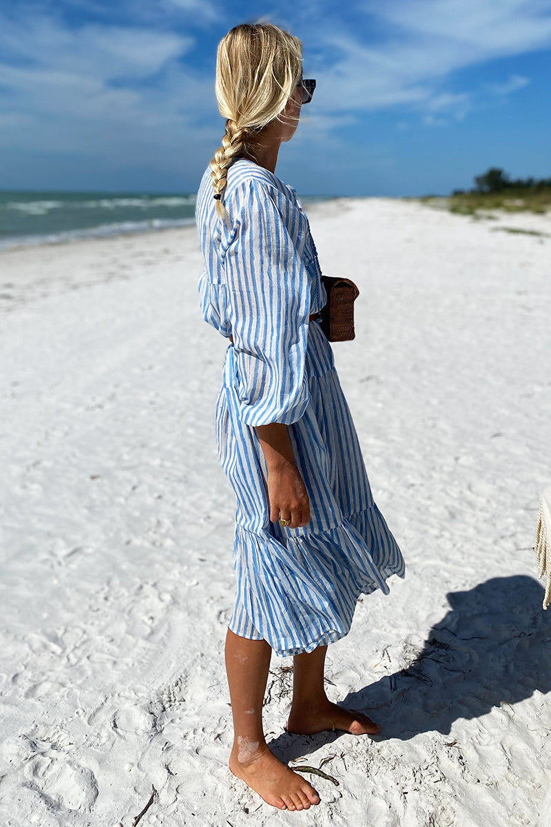 Heirloom Dress - Blue Hand Block Stripe Organic