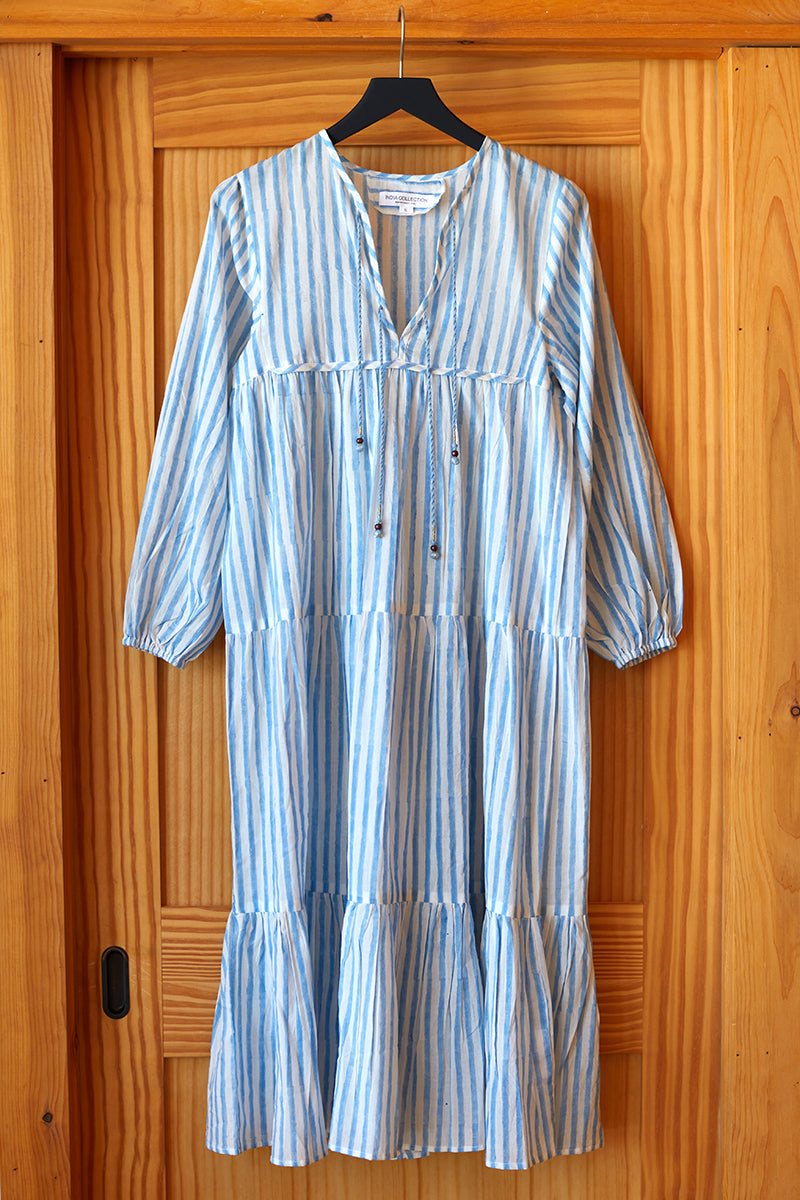 Heirloom Dress - Blue Hand Block Stripe Organic