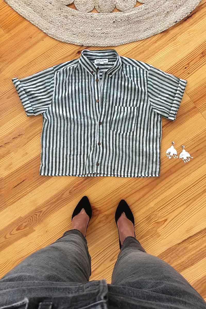 Boxy Shirt - Moss Stripe Lightweight Cotton Organic