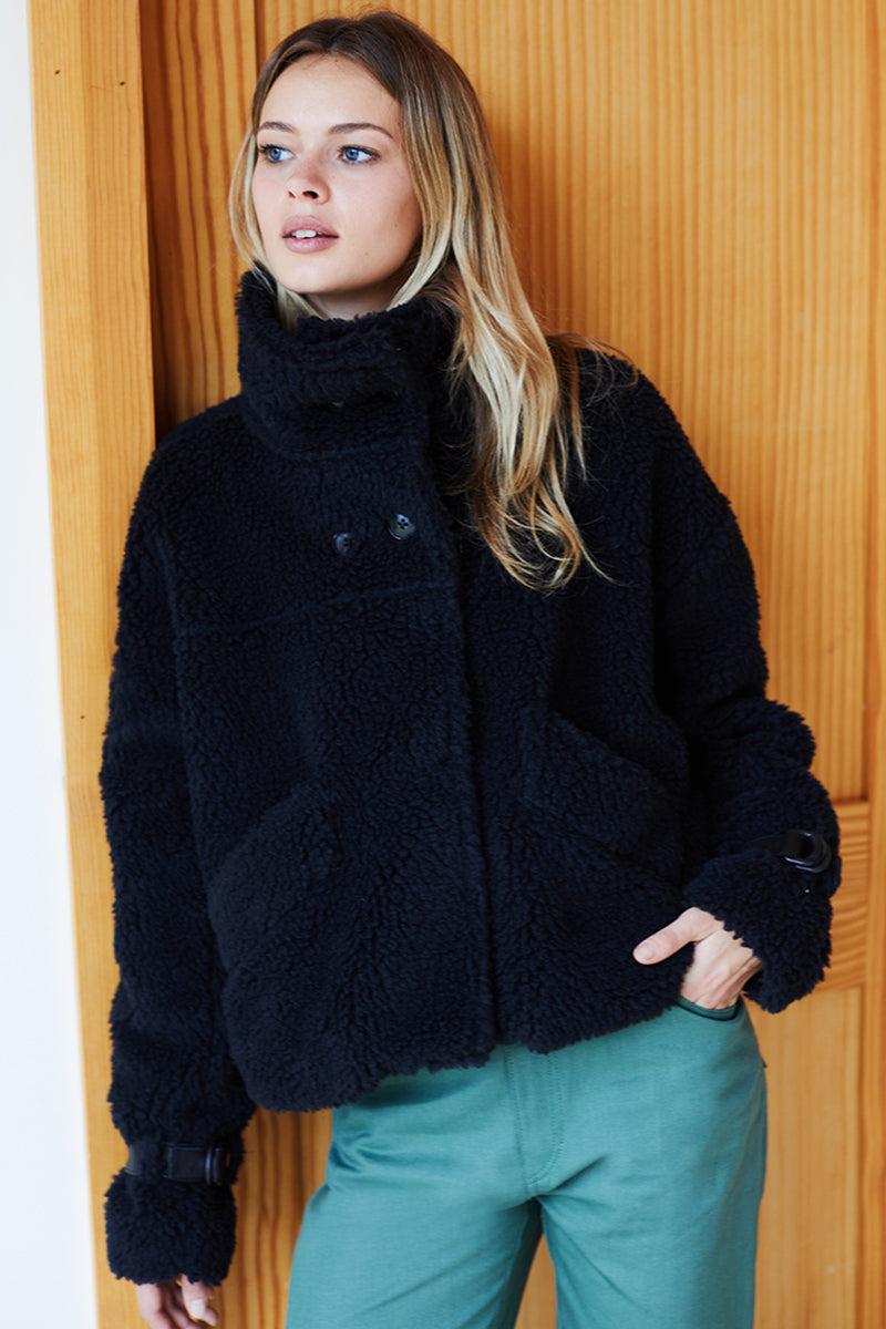 Cozy High Neck Jacket - Black Shearling