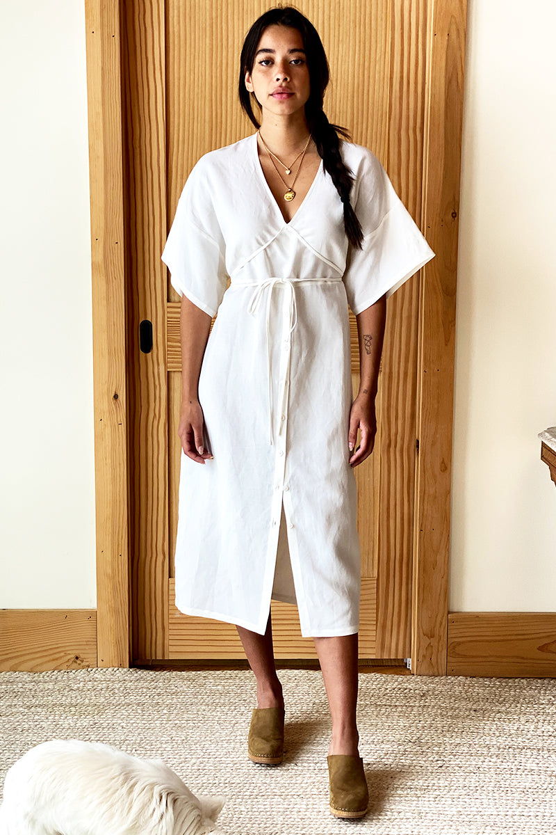 Delphine Button Front Dress - Salt Linen