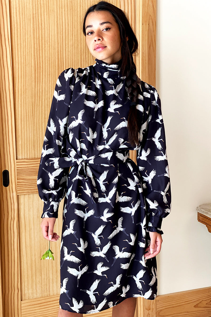 Frederique Shirtdress - Black Silk Crane