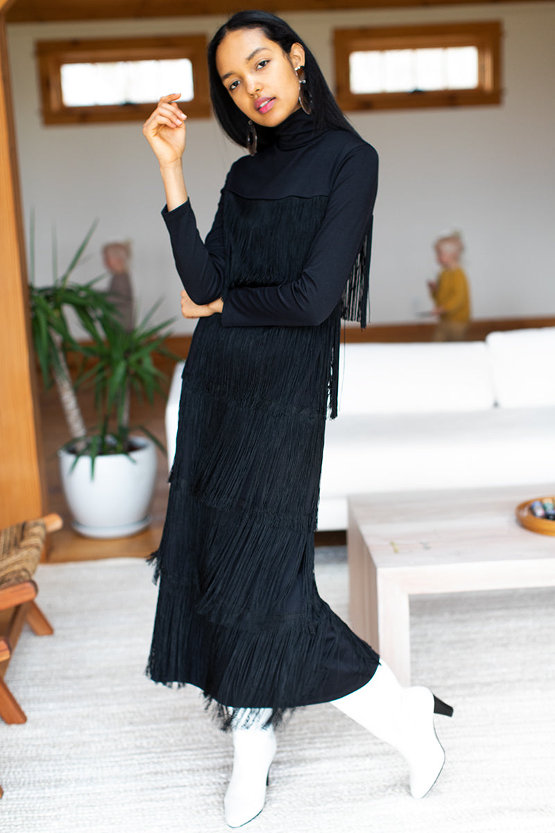 Fringe Midi Dress - Black