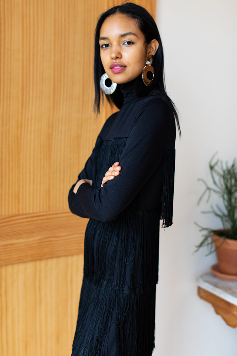 Fringe Midi Dress - Black