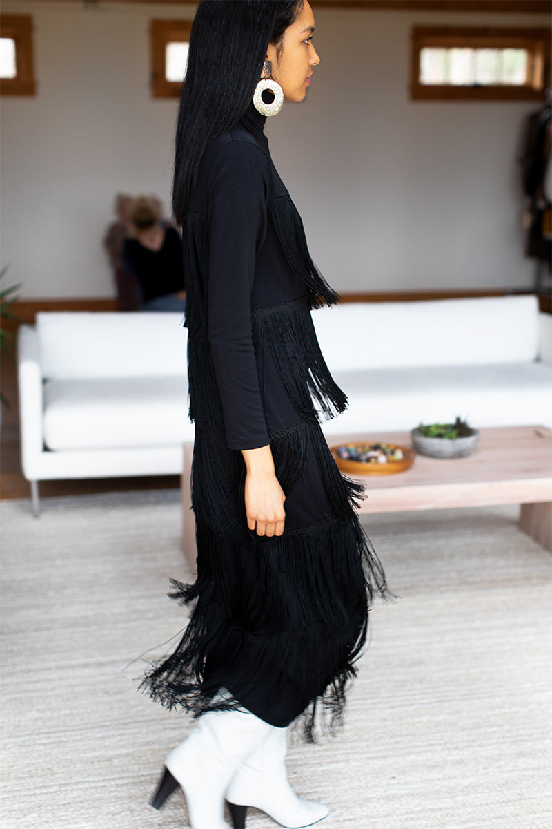 Fringe Midi Dress - Black