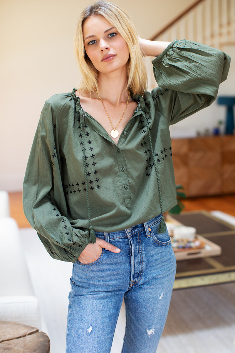 Bardot Top - Moss Embroidered