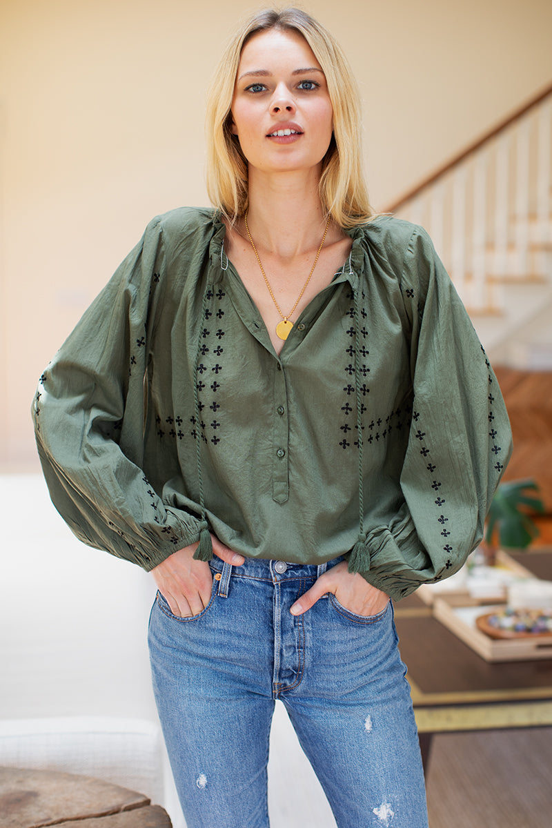 Bardot Top - Moss Embroidered