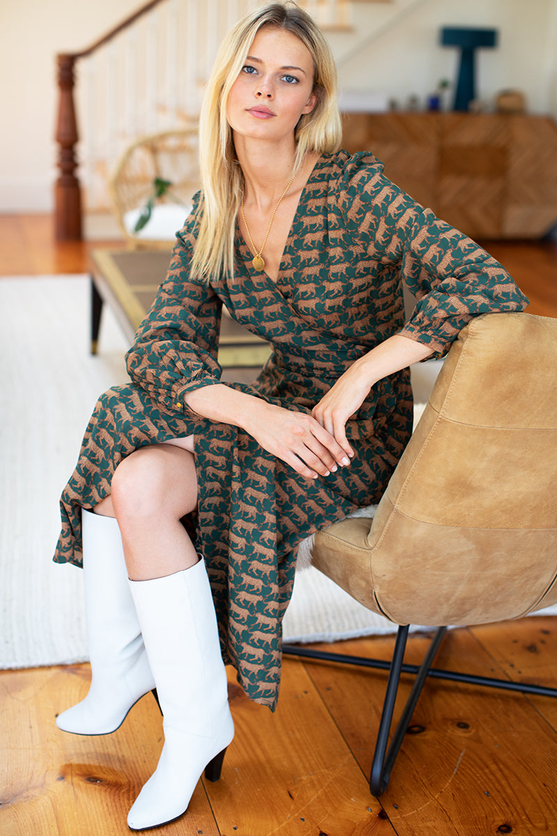 Bishop Sleeve Dress - Dark Green Cheetah