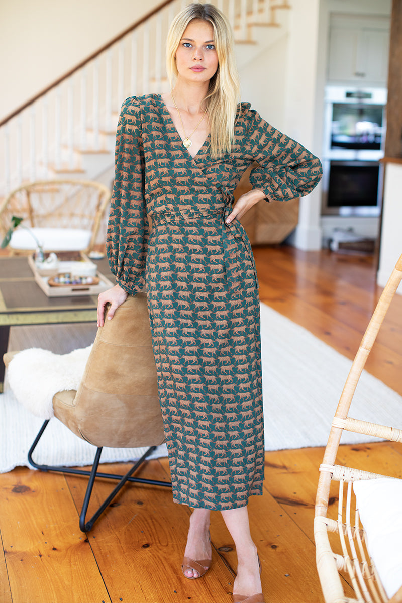 Bishop Sleeve Dress - Dark Green Cheetah