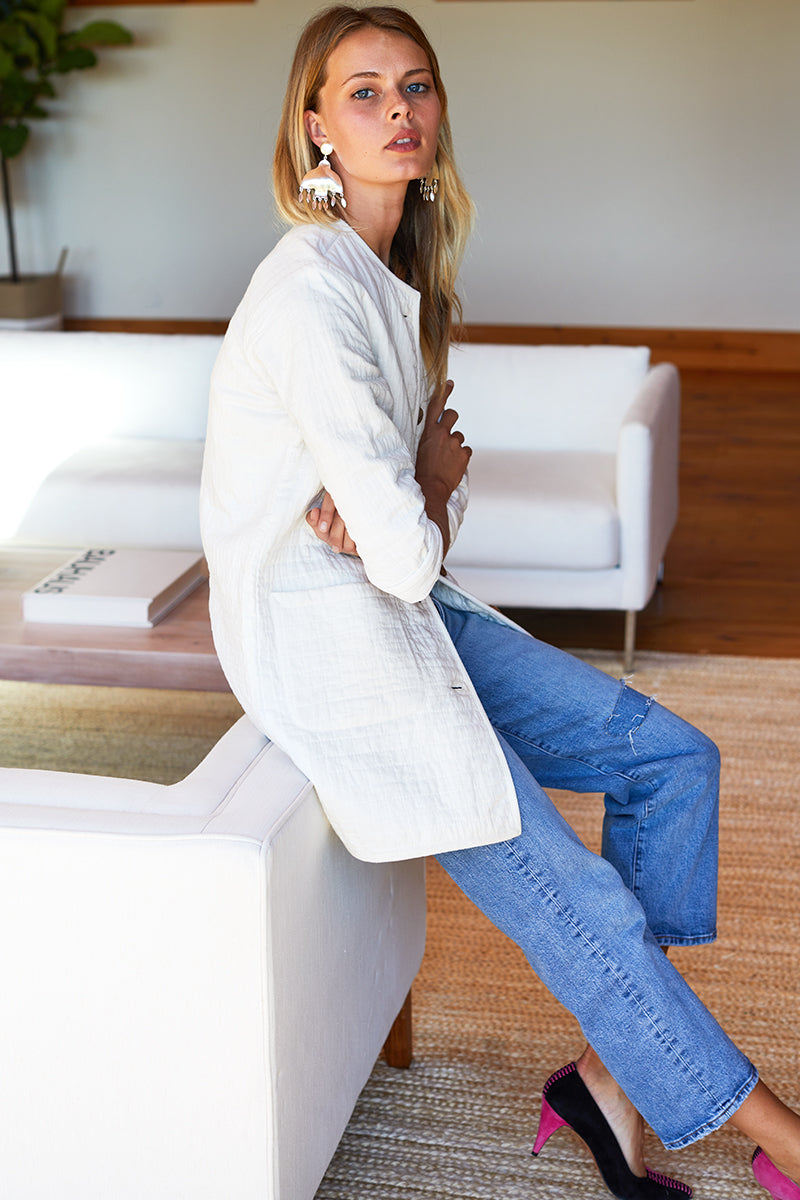 India Quilted Long Jacket - Cloud White Organic