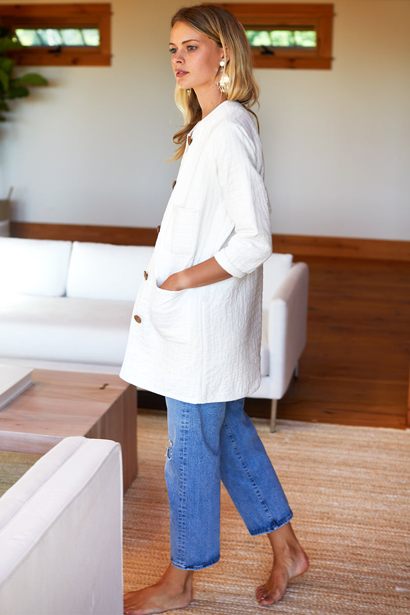 India Quilted Long Jacket - Cloud White Organic