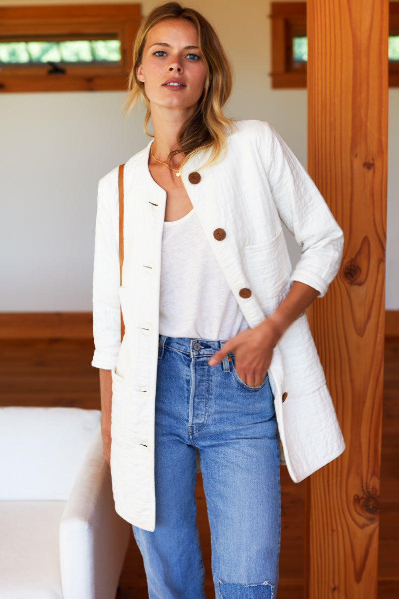 India Quilted Long Jacket - Cloud White Organic