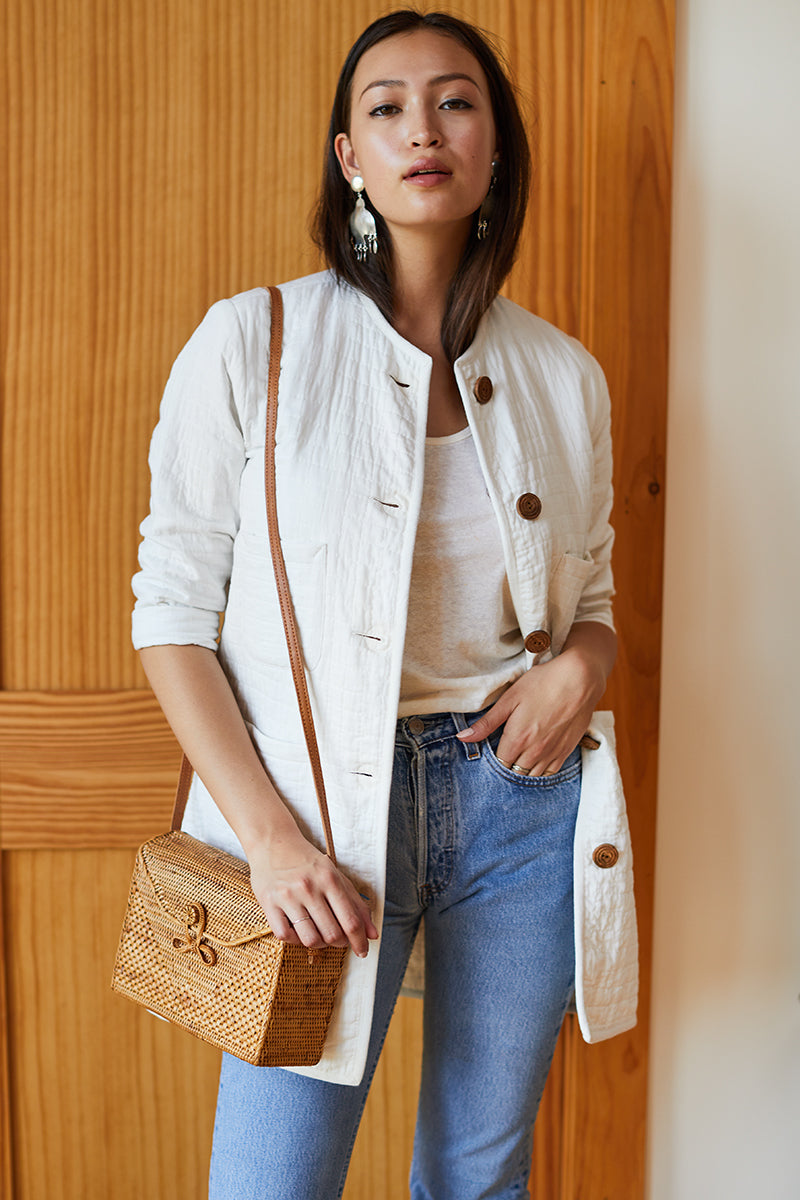 India Quilted Long Jacket - Cloud White Organic