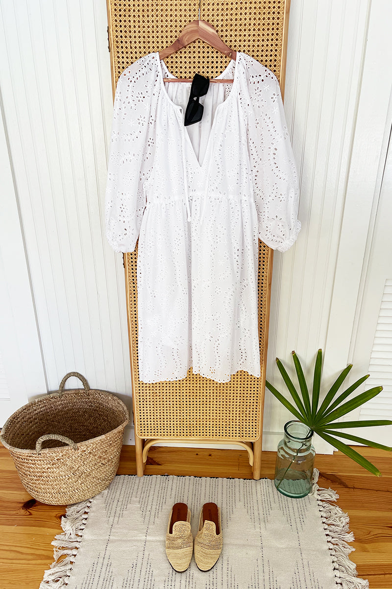 Rakel Keyhole Short Dress - White Eyelet
