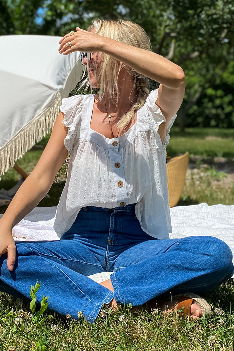 Laurent Flutter Top - Dot Stripe Ivory Organic