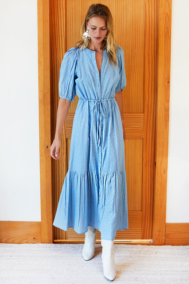 Lucy Dress - Powder Blue Gold Dot Lurex