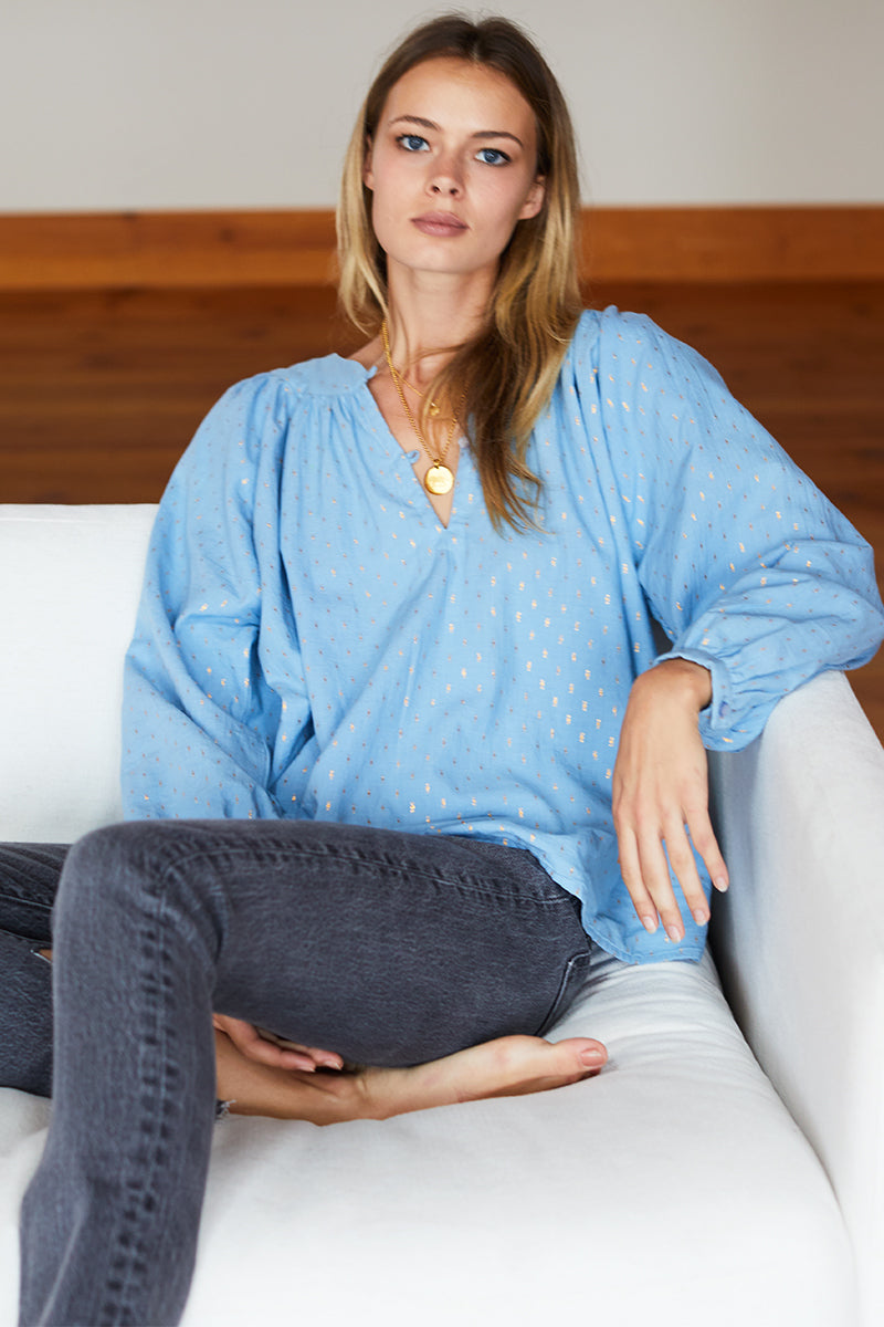Olympia Shirt - Powder Blue Gold Dot Lurex