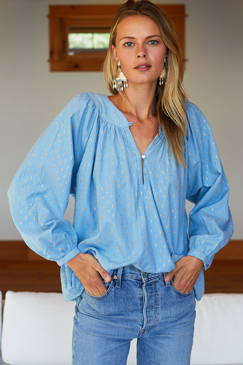 Olympia Shirt - Powder Blue Gold Dot Lurex