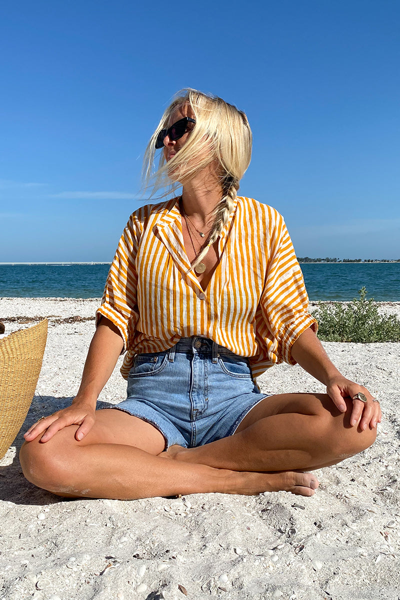 Mandarin Collar Top - Marigold Stripe Organic