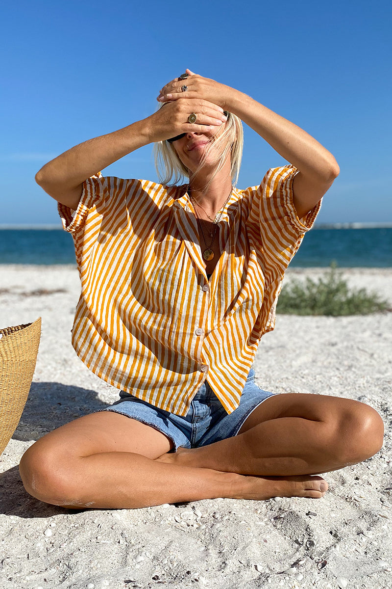 Mandarin Collar Top - Marigold Stripe Organic