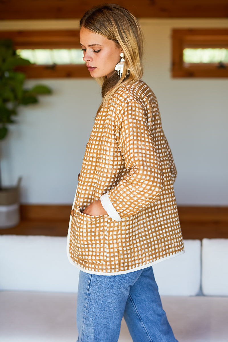 India Quilted Jacket - Ochre Gingham Organic