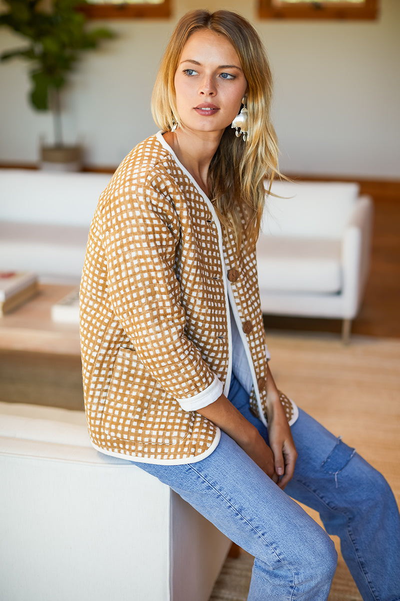 India Quilted Jacket - Ochre Gingham Organic