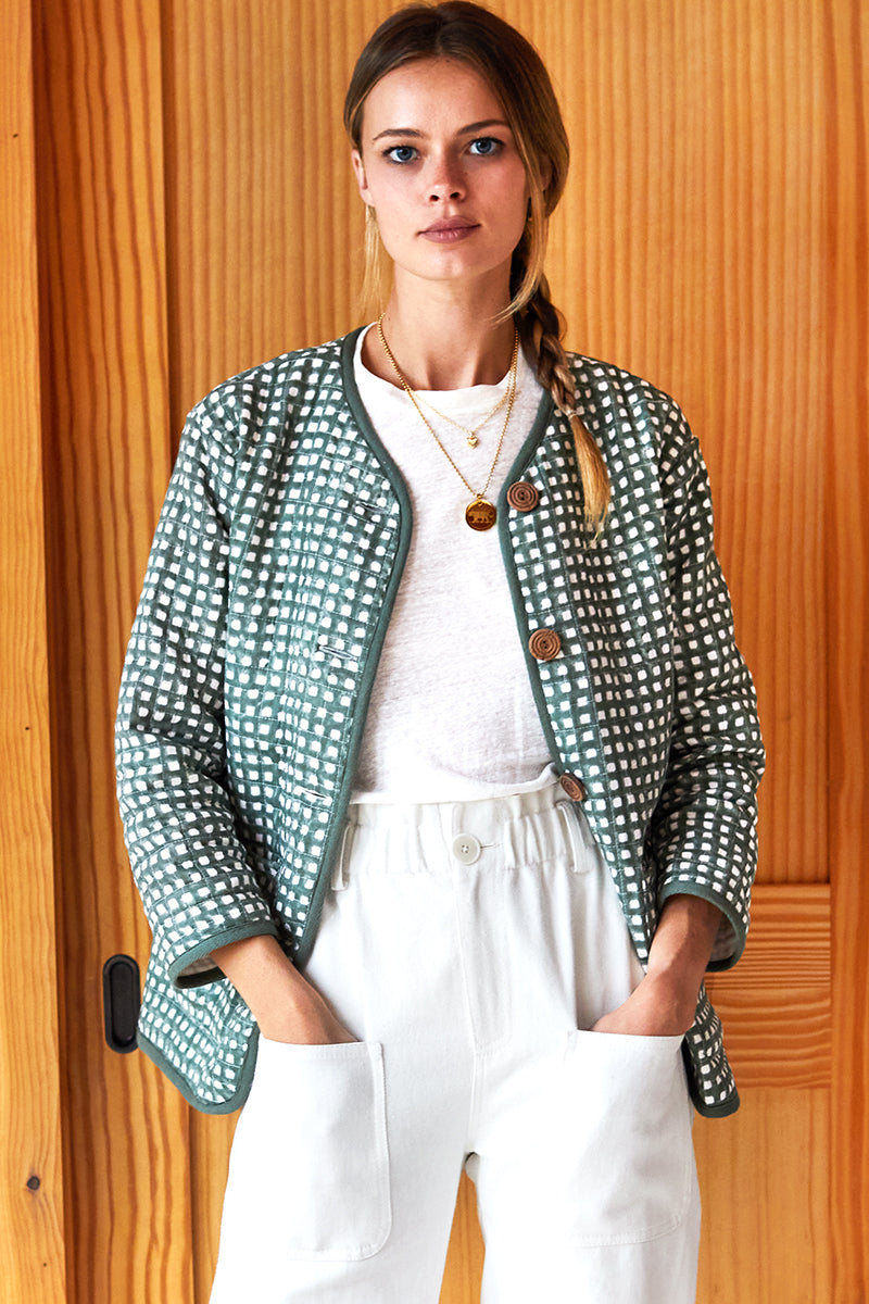 India Quilted Jacket - Moss Gingham Organic