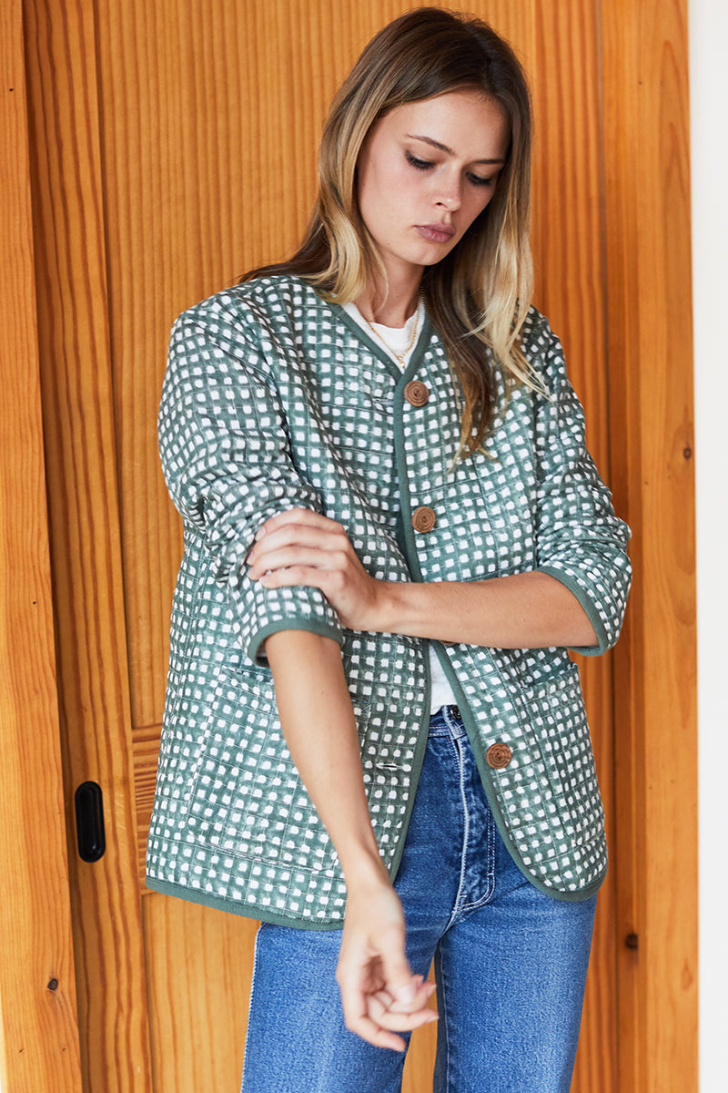 India Quilted Jacket - Moss Gingham Organic